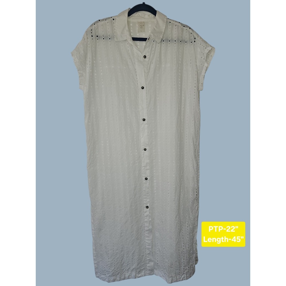 CALIA White Eyelet Cotton Button Down Midi Shirt Dress Women Large WSA34901ESP25